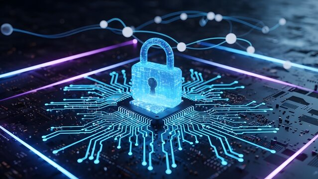Digital padlock on a glowing microprocessor circuit. Cyber security and data hardware protection. Secured central processing unit chip with neon light paths for network safety