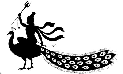 Fototapeta premium An elegant black silhouette illustration of Hindu deity Lord Kartikeya Murugan riding a sacred peacock and holding a divine spear, isolated on white background, perfect for religious