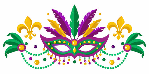 Colorful mardi gras mask with feathers beads and fleur de lis elements © Sabuj