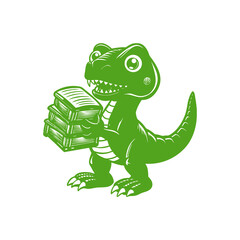 A cute green cartoon T-Rex dinosaur holding a stack of books, symbolizing learning or knowledge. © davis