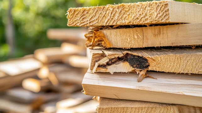 Roughly hewn stack of weathered wooden lumber blocks with visible grain detail outdoors