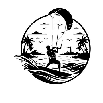 Untitled-63.aiKitesurfing on Tropical Beach Silhouette Vector Illustration &ndash; Ocean Adventure Water Sport Design
