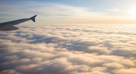 Aerial airplane view above glowing white cloud layer with bright sunlight, dreamy sky landscape travel background