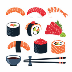 Assorted Sushi and Sashimi with Chopsticks. © Kamis