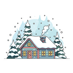 Fototapeta premium Cottage with Snowy Roof and Trees.
