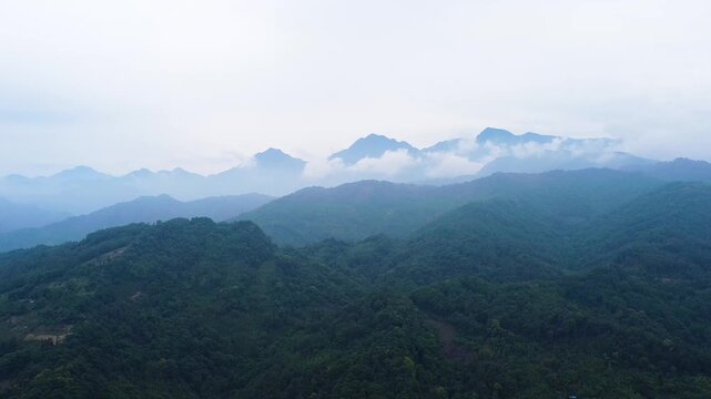 Dujiangyan Mountain Range in Mist - Aerial Landscape View