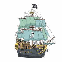 Pirate Ship Sailing Vessel with Jolly Roger. © Tika