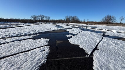 Empty asphalt parking lot in winter with large melting snow piles and water puddles under a bright blue sky. Bare trees outline the background. © AndreyZayats