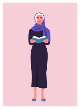 Modern flat vector full-length illustration of a senior Muslim woman wearing a purple hijab and a modest dark dress, standing and reading a book. Learning, Islamic culture, wisdom, religion