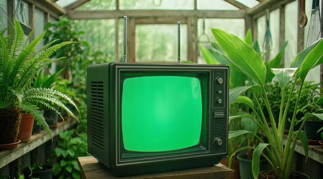 Vintage CRT television with a green screen amid lush greenhouse plants and natural light.