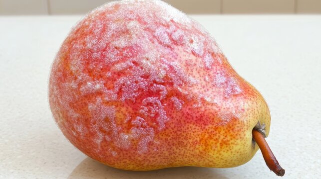 A single, overripe pear with a textured, bruised surface showing signs of natural decay and aging.