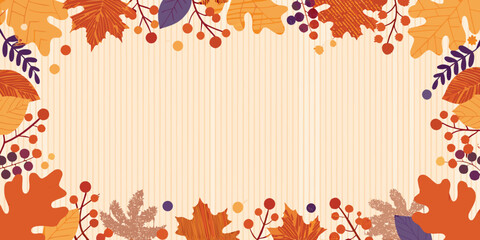 Obraz premium Autumnal frame featuring falling leaves berries and a striped background