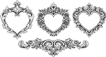 Fototapeta premium Intricately designed heart-shaped frames and ornate borders, showcasing floral and foliage patterns in a detailed black and white illustration