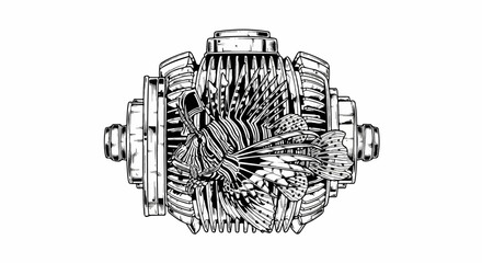 Obraz premium A striking black and white illustration combines a detailed lionfish with mechanical gears