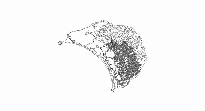 Stylized line drawing of a coastal landmass with intricate details of terrain