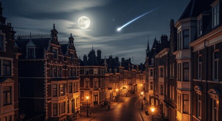 Obraz premium Nighttime Cityscape with Meteor Shower and Full Moon.