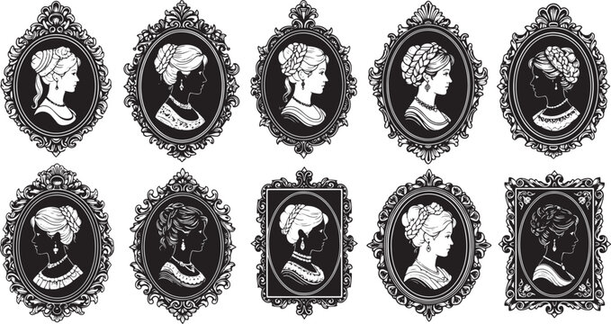 Collection of ornate black and white framed portraits showcasing various female profiles from different eras and styles
