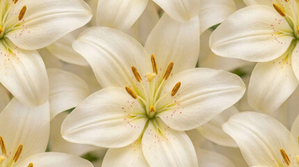 Fototapeta premium Close-up of delicate white lily flowers with yellow stamens and subtle pink speckles