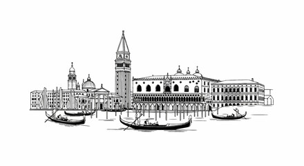 Fototapeta premium Black and white line art sketch of Venetian canal with gondolas and historic buildings