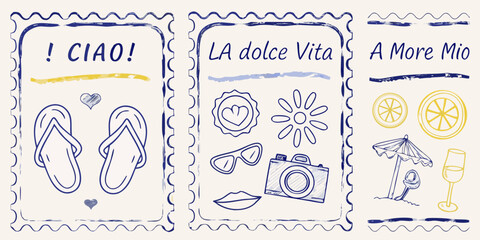 Italian summer postcard collection with travel icons and handwritten text © Mithun
