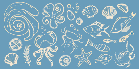 Whimsical illustration of various marine life and seashells on blue © Mithun