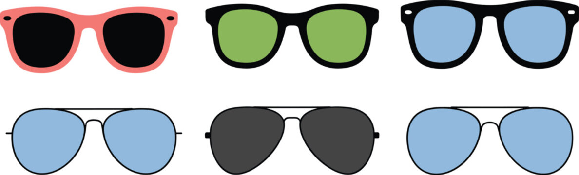 Modern eyewear vector set featuring trendy wayfarer and aviator sunglasses with colorful frames and tinted lenses for summer
