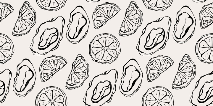 A repeating pattern of citrus fruit and oyster shell illustrations