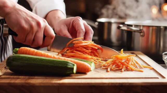 A chef's hands expertly julienning fresh carrots and zucchini on a wooden cutting board in a professional kitchen setting with steaming pots in the background.