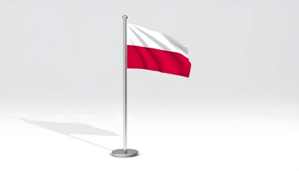 Naklejka premium White and red flag flapping on a silver pole, casting a shadow on the stark white floor and background