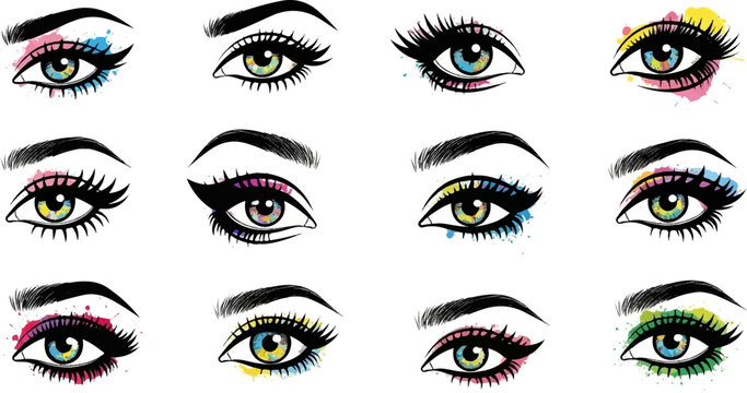 Collection of twelve diverse artistic eyes with vibrant watercolor makeup