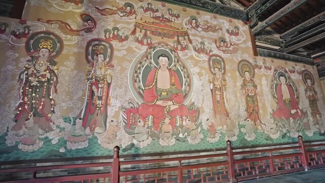 Datong Buddhist Temple Interior with Buddha Murals and Ornate Wooden Ceiling