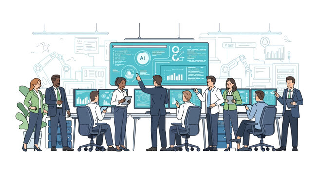 Business team analyzing data on multiple computer screens in modern office