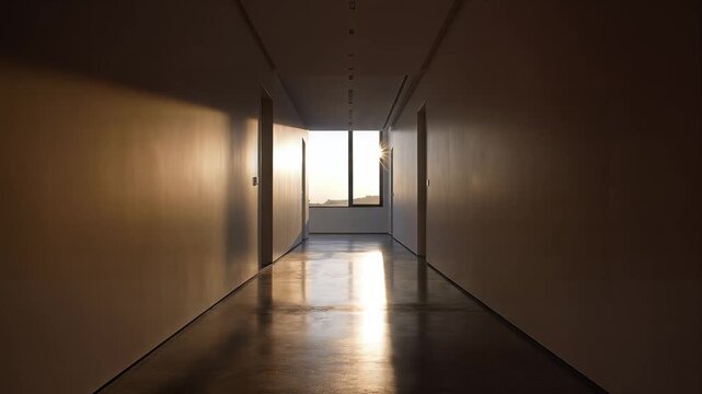 Sunlight streaming down a long, empty hallway towards a large window.