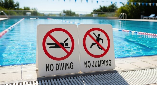 No diving and no jumping sign at the swimming pool.
