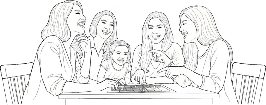 Four women and a young girl laughing while playing a board game at a table