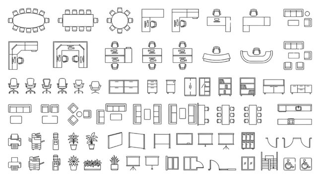 Top View Corporate Office Furniture Floor Plan Vector Icon Set Thin Line Workspace Layout Blueprint Symbols