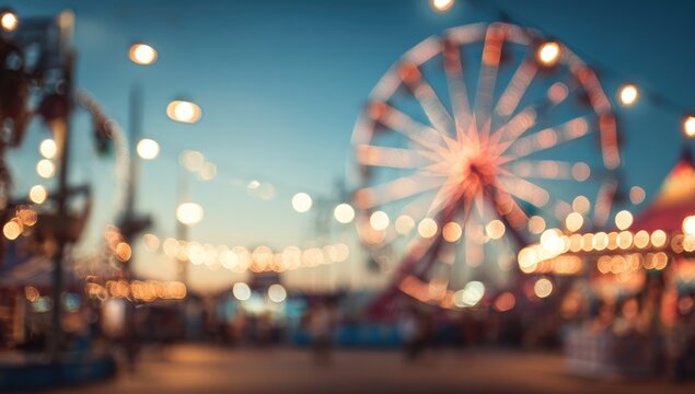 Blurred Carnival Lights and Ferris Wheel at Dusk.
