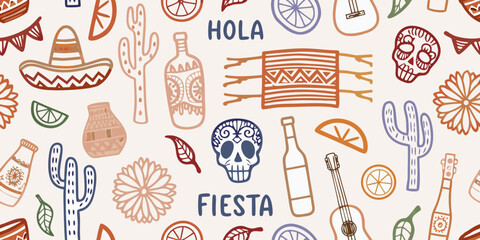 Colorful mexican fiesta pattern with traditional icons and lettering © Gita