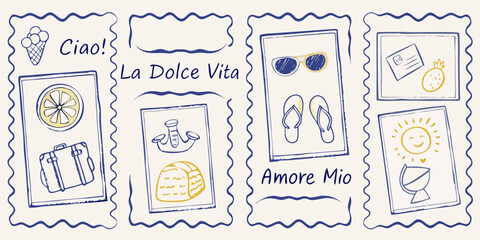 Hand drawn postcard stamps featuring italian summer travel motifs © Gita