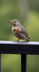Northern Flicker perched on a railing in natural light.