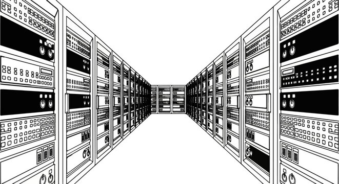 Rows of server racks receding into a white void in a line drawing