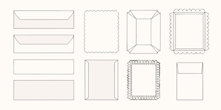 Collection of hand drawn envelope and frame shapes in neutral tones