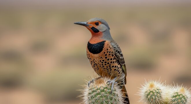 Northern Flicker perched on a cactus in the desert.