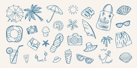 Summer vacation themed doodles featuring beach accessories and tropical elements © Gita