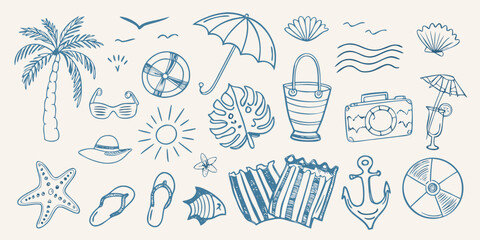 A collection of hand drawn summer and beach themed doodles © Gita