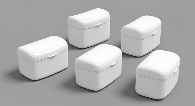 This image shows five white wireless earbud cases arranged in a triangle formation