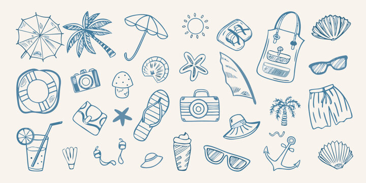 Summer vacation themed doodles featuring beach accessories and tropical elements