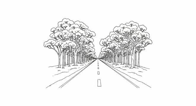 Straight road through a dense forest of trees, receding into the distance