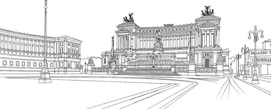 Grand monumental building with statues and flags, street lamps line the plaza