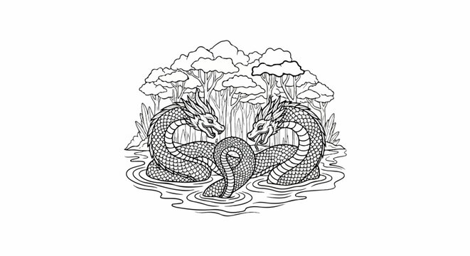 Two mythical serpentine creatures face off amidst trees and water